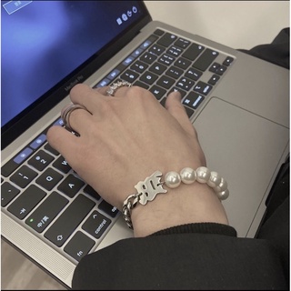 Vòng tay xích chain mix ngọc nhân tạo màu bạc đẹp chất liệu titan không gỉ cho nam nữ
