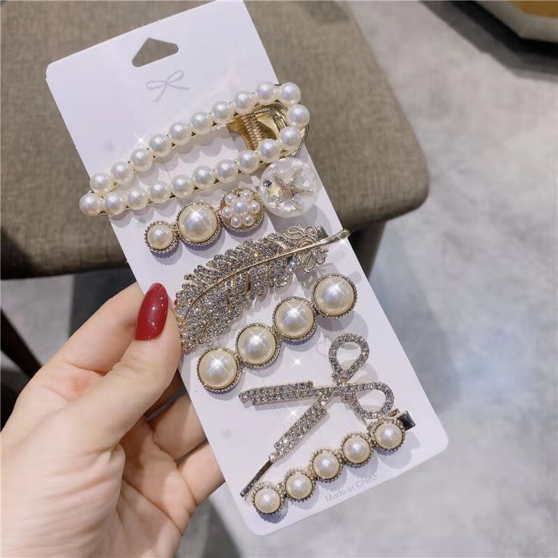 Set 5 Kẹp Tóc Đính Đá/Ngọc Trai nhân tạo Phong Cách Cổ Điển sang trọng Thanh Lịch