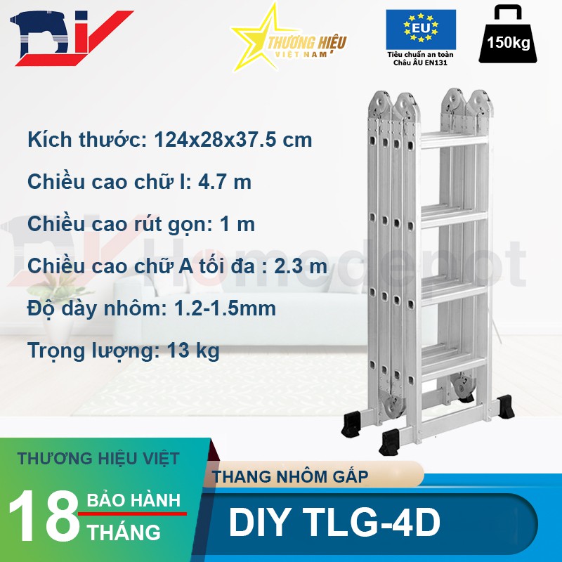 Thang nhôm gấp đoạn DIY TLG-4D chiều cao sử dụng chữ A 2.3M, chữ I 4.7M