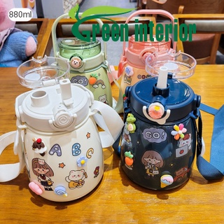 Bình giữ nhiệt 880ml Greeninterior, bình đựng nước cute có ống hút, inox 304 cao cấp kèm hình dán 3D Màu Xanh Lá