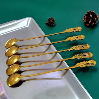 Set 5 Thìa HOA HỒNG INOX 304  Màu Vàng ,Cán Dài,Dập Hình Cành Hoa Hồng Độc Đáo