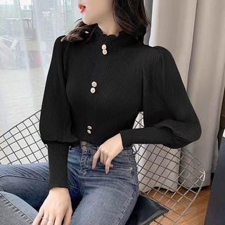 Áo Dệt Kim Nữ Tay Dài Cổ Cao Ôm Dáng Phong Cách Hàn Quốc baju baju wanita Lenan panjang