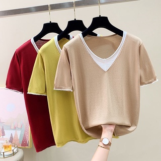 Quần áo nữ ngắn tay ngắn 2022 Quần áo nữ mùa hè hợp thời trang Ice Silk Phong cách phương Tây Áo dệt kim dáng rộng phiên bản ngắn Áo thun nữ hàng đầu