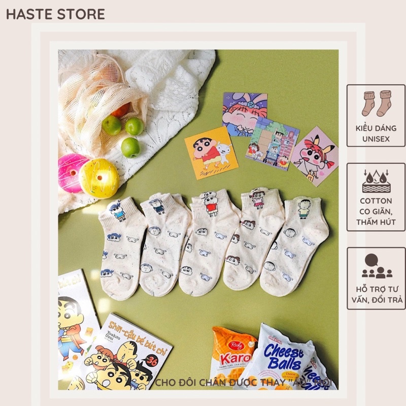 Tất Vớ Nam Nữ Cổ Lửng Haste Hoạt Hình CuShin Shin Cậu Bé Bút Chì Cùng Đồng Bọn Chất Liệu Cotton Thoáng Mát