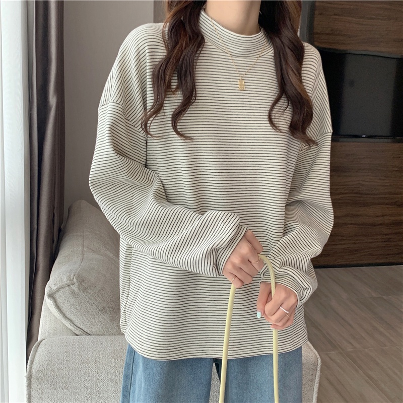 SUXI Áo Thun Tay Dài Cổ Lọ Hoạ Tiết Kẻ Sọc Thiết Kế Dáng Rộng Thoải Mái