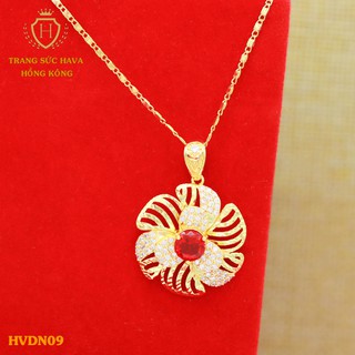 Dây Chuyền, Vòng Cổ Nữ Mặt Cánh Hoa Đính Đá Màu Đỏ Xi Mạ Vàng Non Cao Cấp - Trang Sức Hava Hong Kong