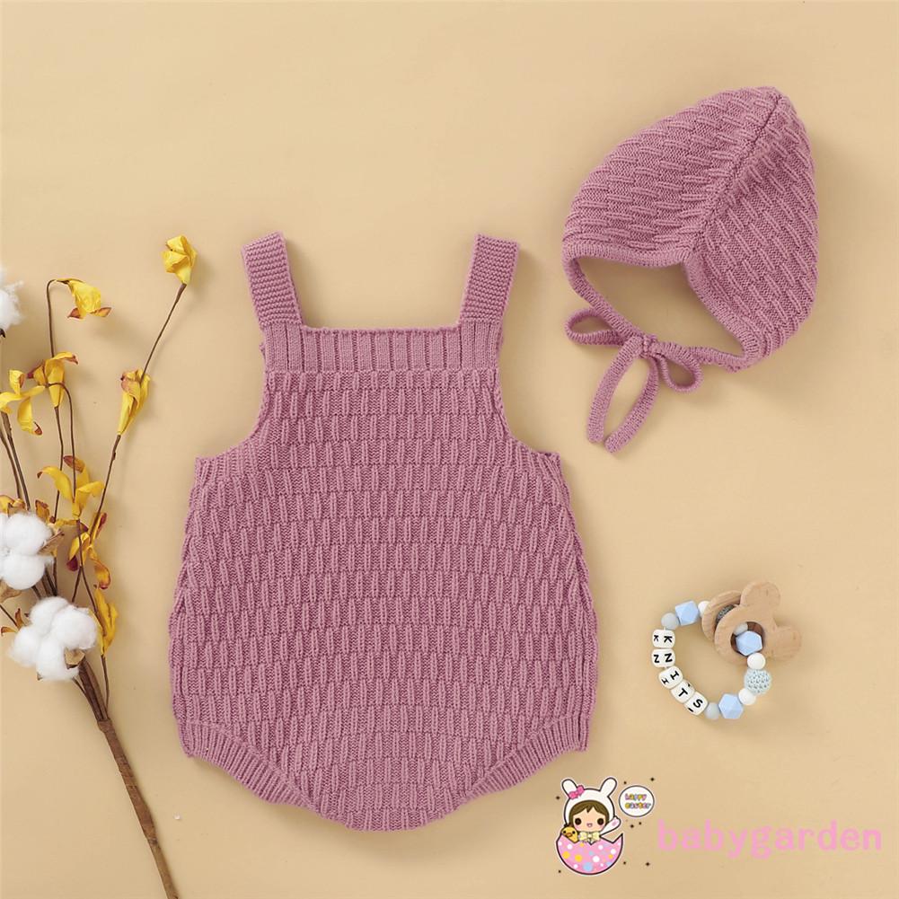 Set romper không tay kèm mũ len thời trang xinh xắn cho bé gái