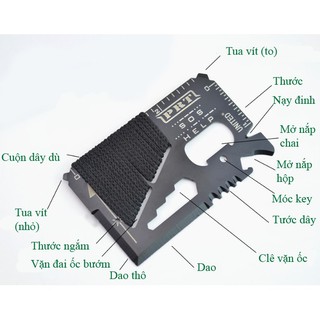 Dụng cụ bỏ túi sinh tồn đa chức năng bằng thép không gỉ màu đen - Tấm thẻ thép đa năng dụng cụ dã ngoại 14 chức năng