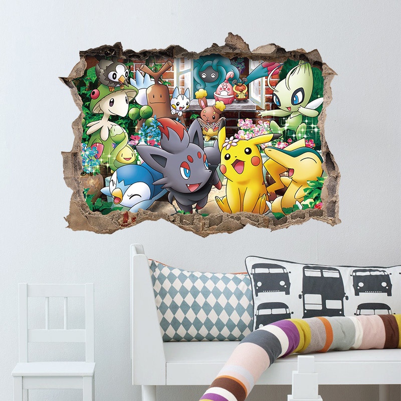 ST2 Pokémon Thám Tử Pikachu 3D Giấy Dán Tường Ba Chiều Miếng Dán Trẻ Em Phòng Ngủ Trang Trí Phòng Khách Sinh Nhật Par