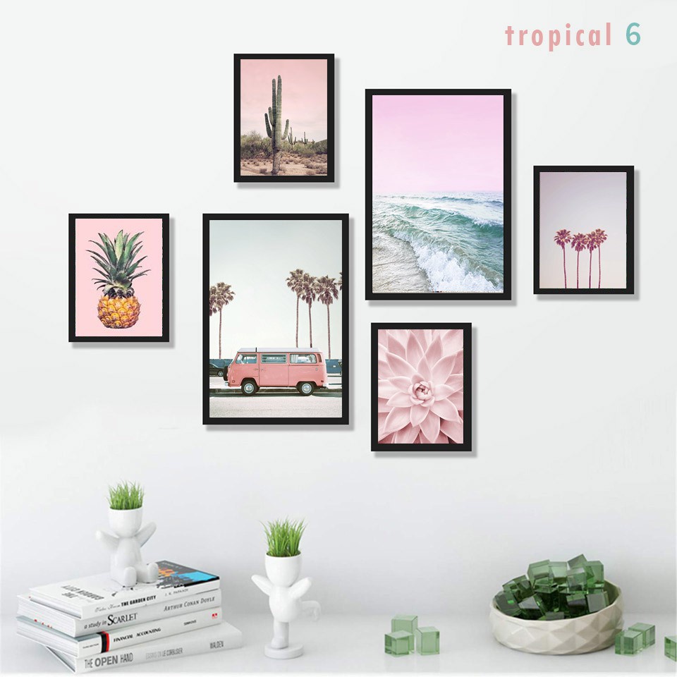Tranh treo tường, set 6 tranh dán tường TROPICAL dày 5mm, có sẵn keo 2 mặt, trang trí phòng ngủ, phòng khách