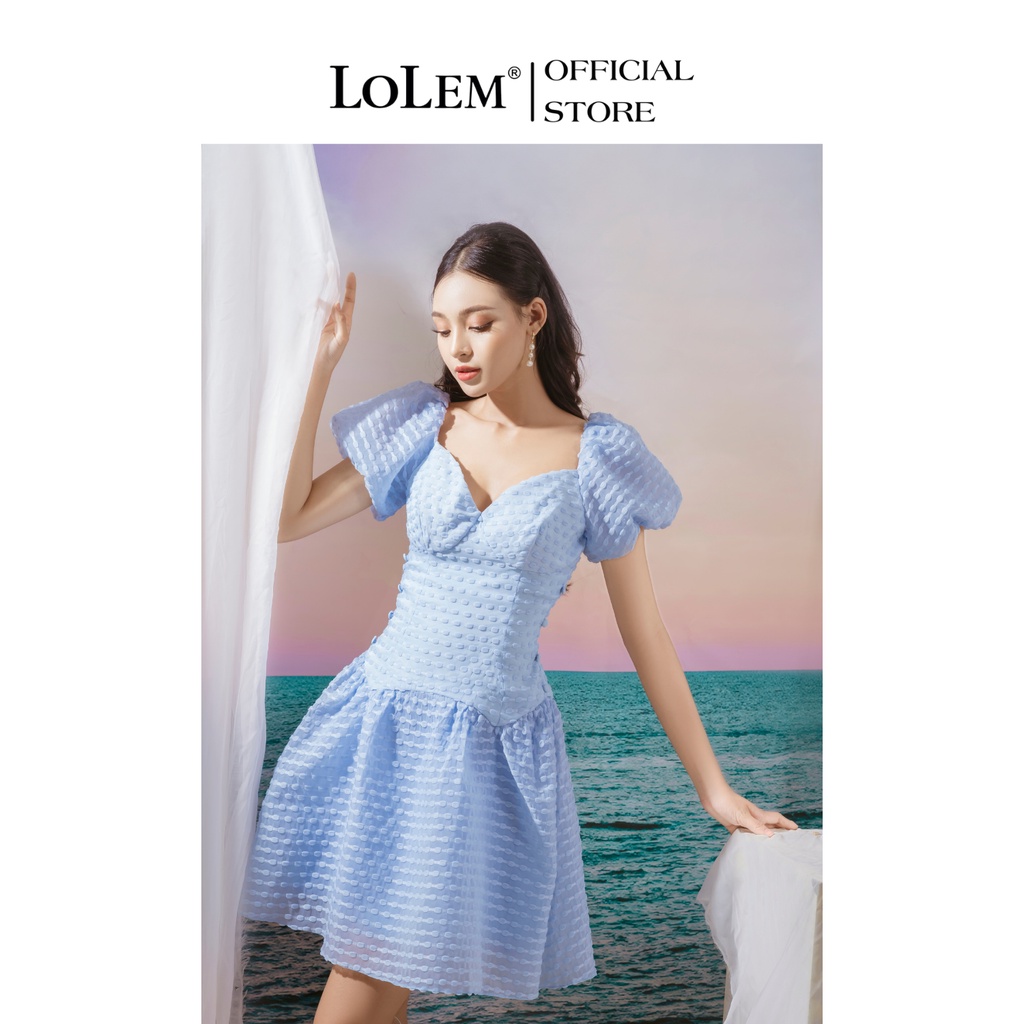 Đầm xòe tay phồng LOLEM DX329 cổ chữ V vải voan mát nhẹ