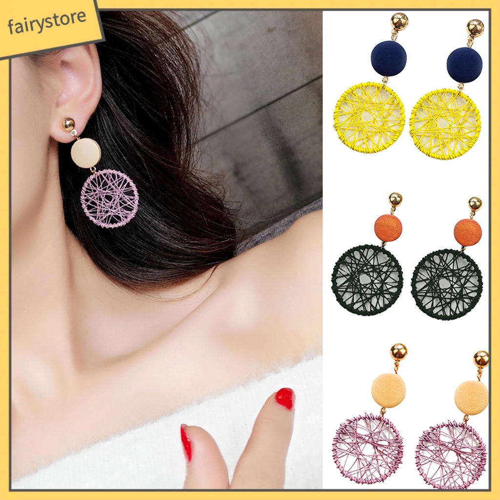 Bông tai kiểu dài mặt tròn rỗng thiết kế độc đáo cho nữ