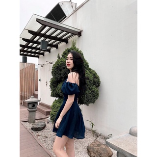 [CH27] Đầm Voan Dáng Xòe Cổ Yếm Tay Phồng Trễ Vai Bo Eo - Vải Chiffon - Màu Xanh - Dành Cho Nàng Đi Tiệc, Đi Chơi