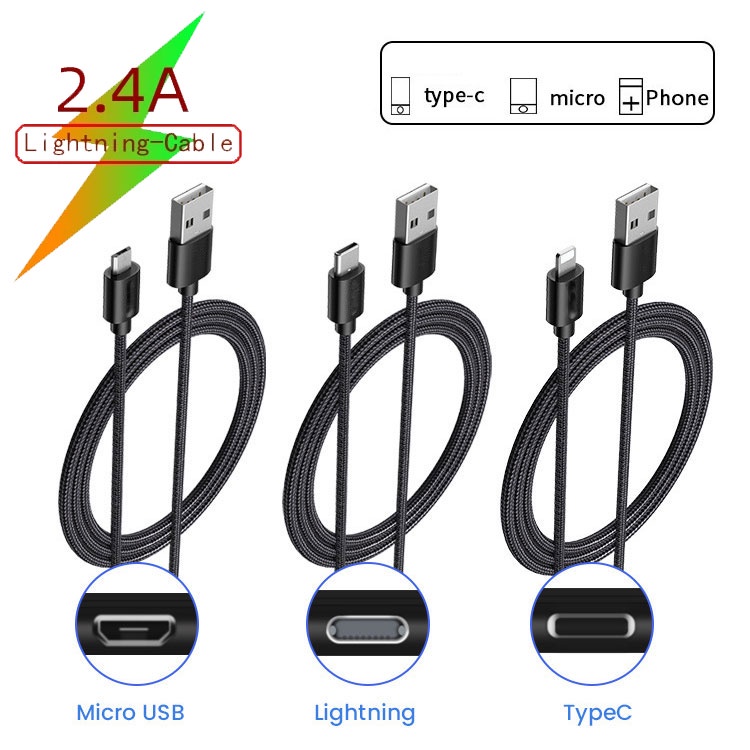 Dây nạp iphone OPPO Samsung Type C Micro USB cấp dài 1m, Cáp sạc nhanh sạt cho các dòng ipad và củ cốc xạc 2.4A
