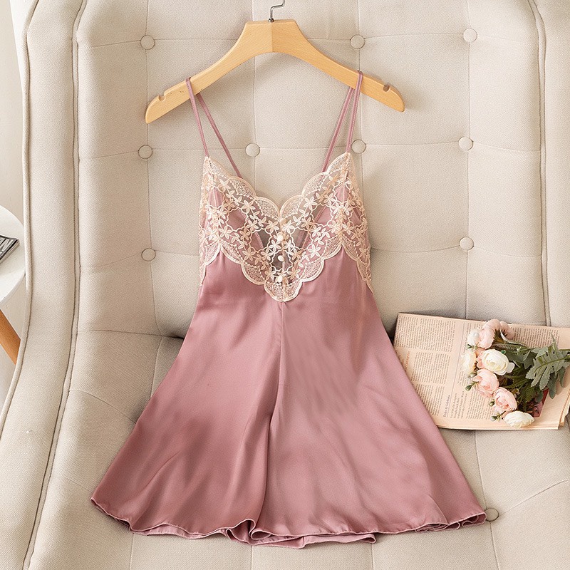Đồ Ngủ Sexy SLADY Gợi Cảm Hở Lưng Viền Ren Hoa Nổi, Đầm Ngủ Lụa Sexy Quyến Rũ VNS69 -Đổ ngủ sexy quyến rũ, áo ngủ sexy