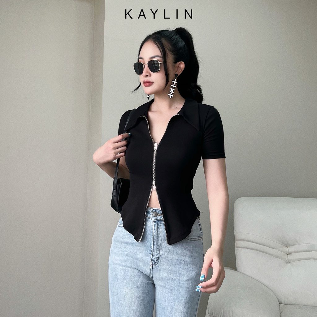 Ảnh Áo thun KAYLIN Freesize form ôm cổ sơ mi phối dây kéo hai đầu chất vải thun cỏ giản phong cách trẻ trung - N1770 4