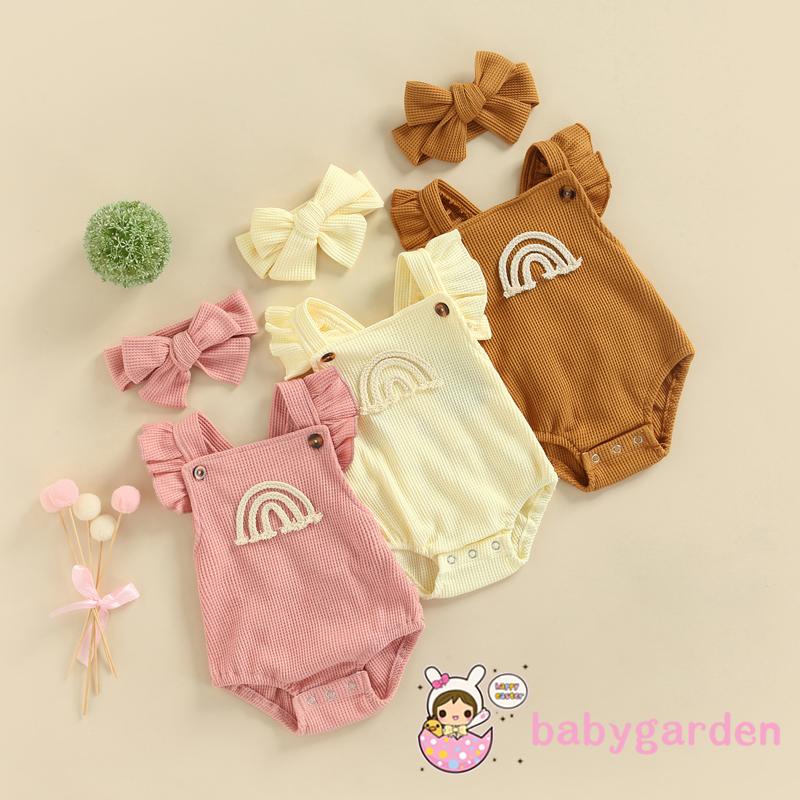 Bộ Áo Liền Quần Tam Giác Không Tay Phối Bèo Màu Cầu Vồng Kèm Băng Đô Xinh Xắn Cho Bé Gái 0-18 Tháng Tuổi