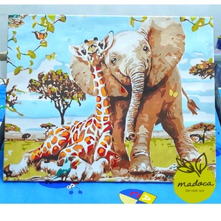 Tranh tô màu theo số hóa Madoca có khung 40x50cm Chú Sói đội hoa đáng yêu T586