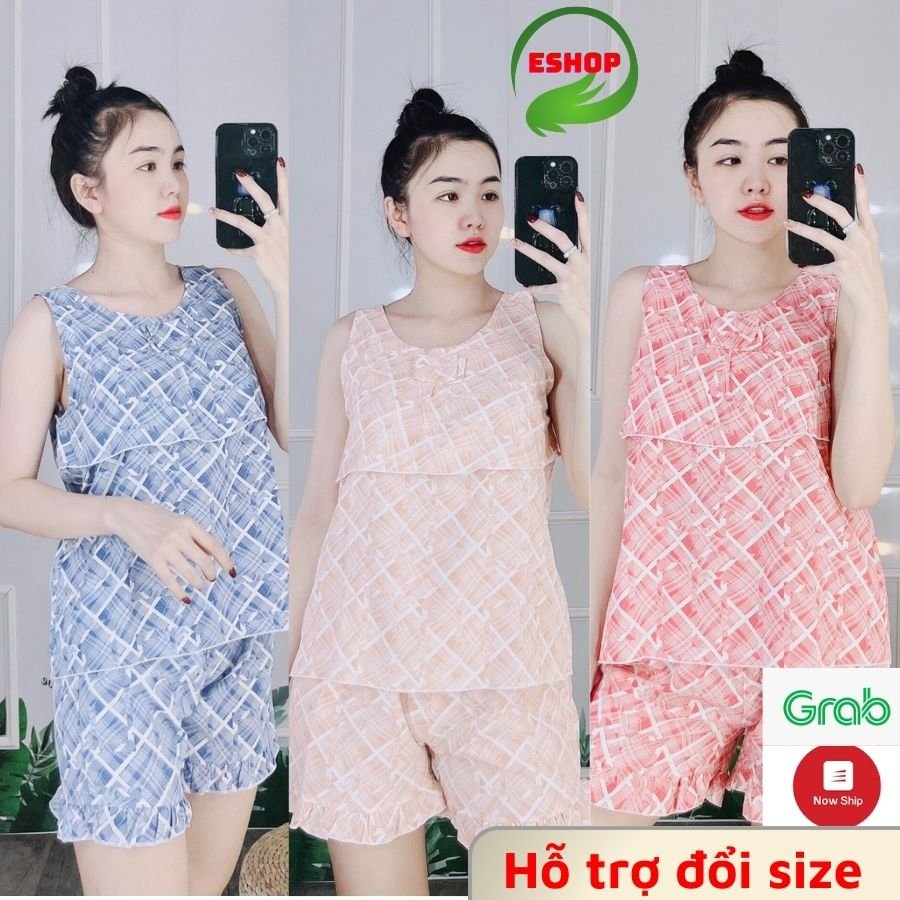 Đồ bộ pijama nữ 100D bộ ngủ mặc nhà 2 dây pyjama lụa tay bèo sexy quần đùi cute dễ thương cao cấp  ESHOP PM03