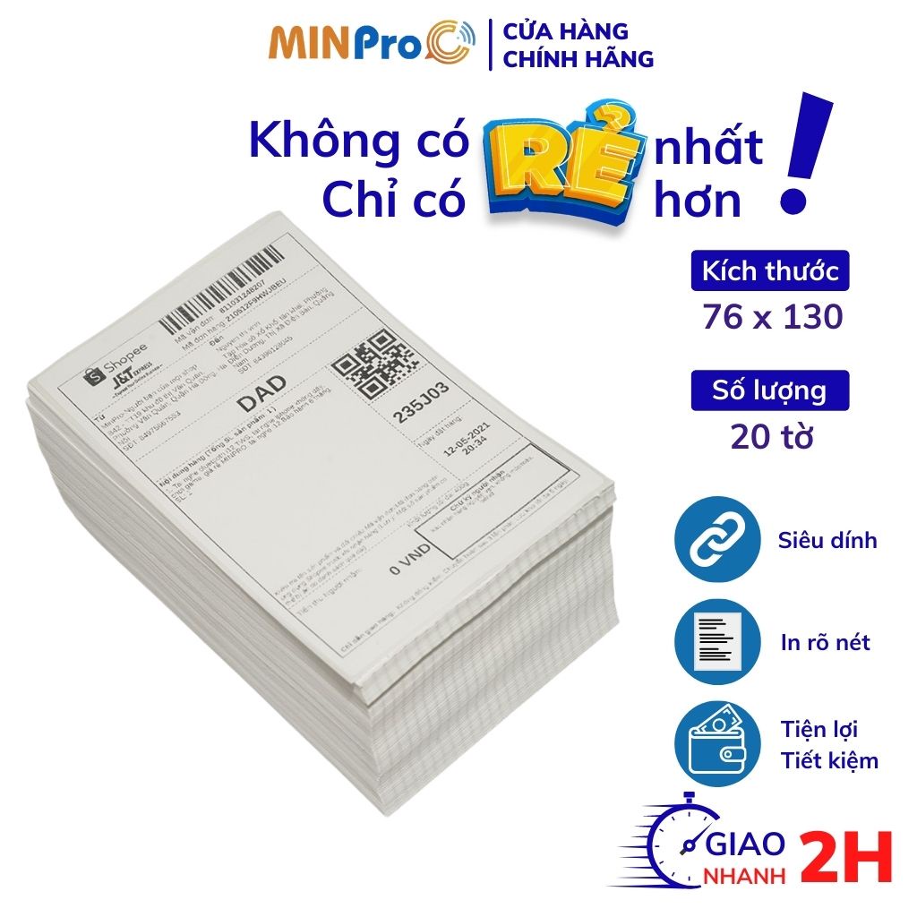 20 tờ giấy in nhiệt MINPRO tự dính 3 lớp 76x130mm in đơn Shopee sẵn bóc dán tiện lợi
