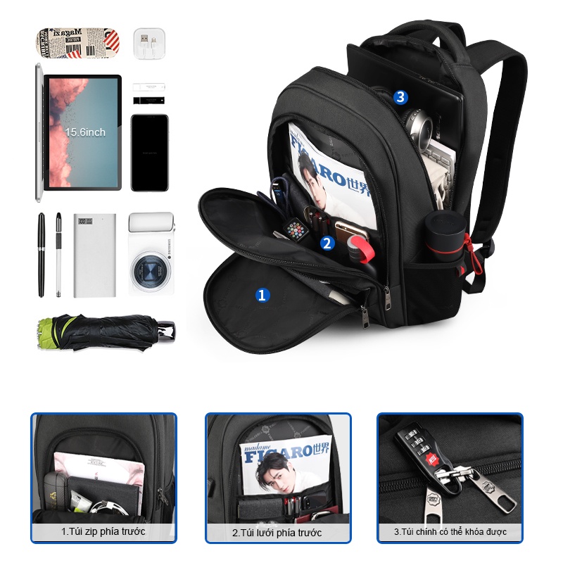 Ảnh 【Local Delivery】TIGERNU 3893 Balo đựng máy tính xách tay 15.6inch có cổng USB siêu nhẹ chống nước 2