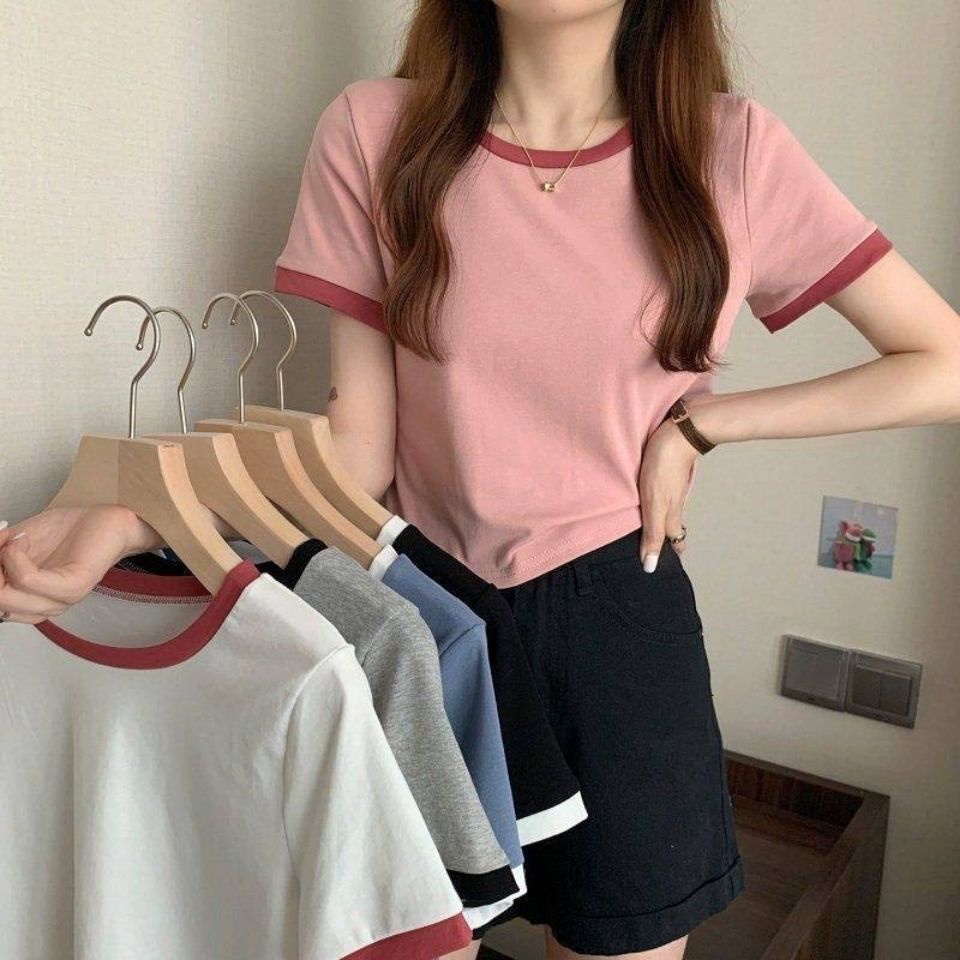 Áo thun nữ SUXI dáng croptop tay ngắn cổ tròn phối màu đơn giản thời trang mùa hè Hàn Quốc
