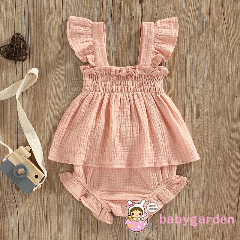 Set Áo Tay Bèo Cổ Vuông + Quần Short Màu Trơn Thời Trang Mùa Hè Cho Bé Gái 0-3 Tuổi