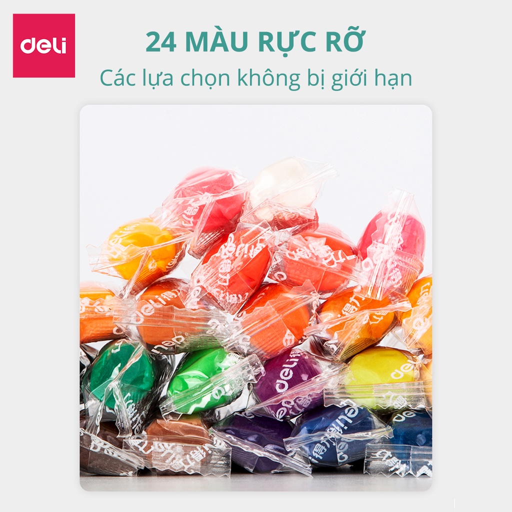 Bộ Đất Nặn Kháng Khuẩn 3D Deli Đất Sét Nặn 24 Màu Chất liệu an toàn cho trẻ nhỏ, màu sắc tươi sáng đa dạng, kèm khuôn