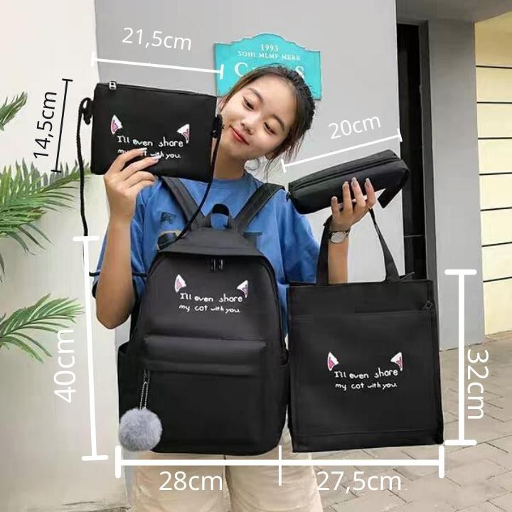Balo mèo 4in1, set 4 món gồm balo, túi vải tote, túi đeo chéo và hộp bút
