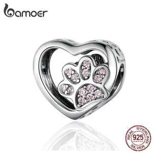 Mặt dây Bamoer hình trái tim phối dấu chân thú cưng bằng bạc đáng yêu