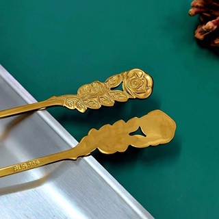 Set 5 Thìa HOA HỒNG INOX 304  Màu Vàng ,Cán Dài,Dập Hình Cành Hoa Hồng Độc Đáo