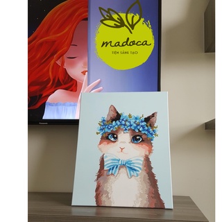 Tranh tô màu số hóa Madoca có khung 40x50cm Mèo nơ xanh T74