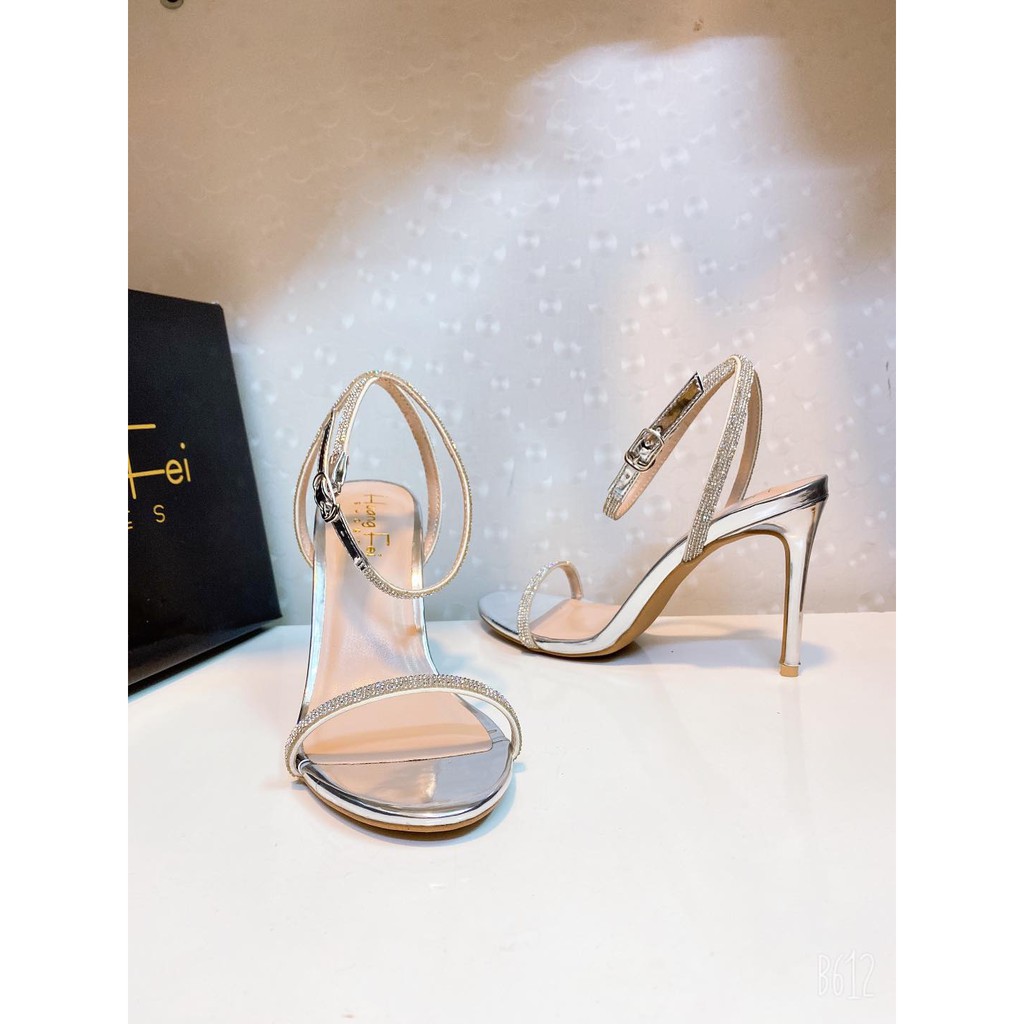 Giày Sandal Cao Gót Quai Ngang Kim Tuyến mã HF09 Cao 11 cm