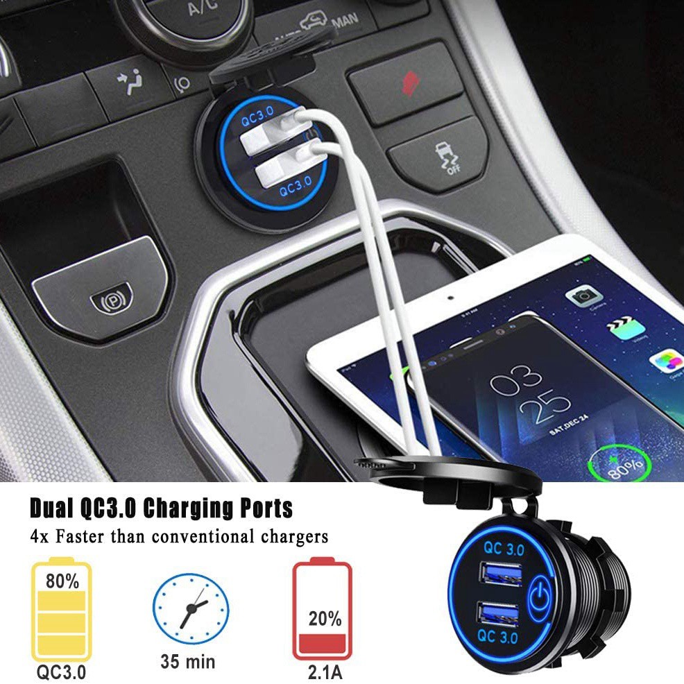 Củ Sạc Nhanh Usb 3.0 12v 36w Có Công Tắc Màu Xanh Dương Tiện Dụng Cho Xe Hơi
