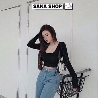 Áo croptop nữ tay dài croptop cổ chữ u tôn dáng trơn màu