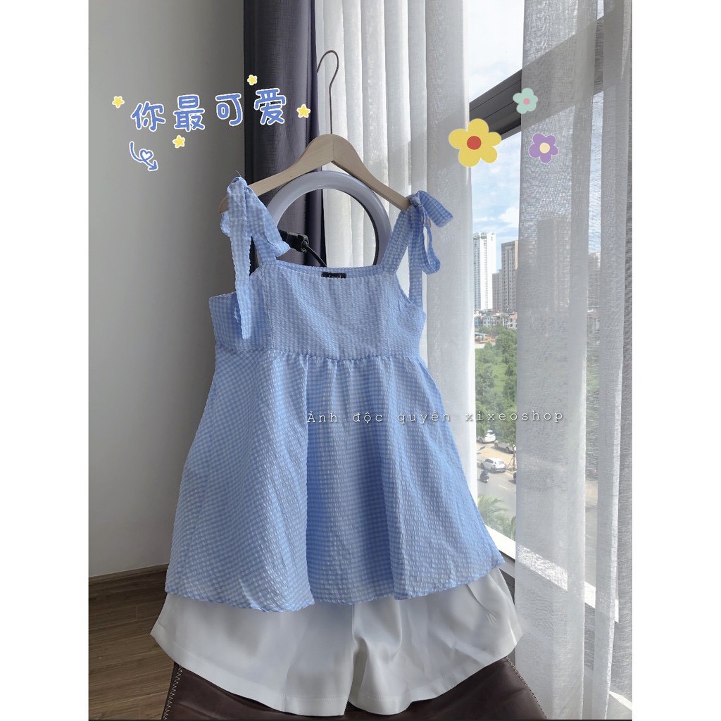 Sét babydoll 2 dây kẻ xanh sốp kèm quần sooc trắng (Hàng sẵn ảnh thật)