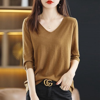 Mùa Xuân Mùa Hè Cổ Chữ V Chui Đầu Giữa Tay Đáy Áo Sơ Mi Nữ Phong Cách Hàn Quốc Thời Trang Rời Dệt Kim Áo Len Áo Thun Nữ Top Mỏng Phong Cách