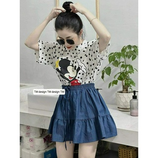Set Bộ Đồ Nữ Áo Phông Chấm Bi Mickey Mix Chân Váy Bò Giấy Xòe Dáng Ngắn Freesize