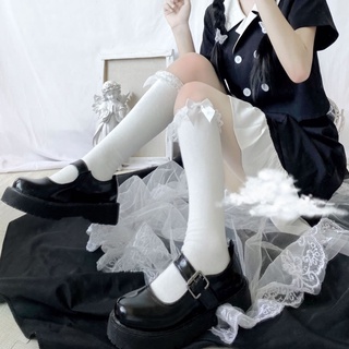 Đôi Vớ Dài Qua Gối Màu Trơn Trang Trí Nơ Ren Phong Cách Lolita Dành Cho Nữ