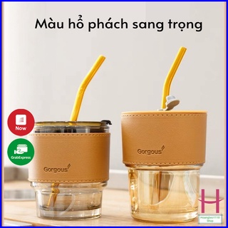 Cốc thuỷ tinh màu hổ phách vỏ da có nắp tặng kèm ống hút, ly uống nước đẹp sang chảnh { H }