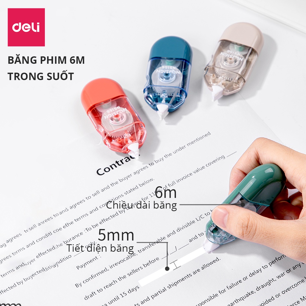 Bút Xóa Băng Kéo 6M 12M Dạng Film Cao Cấp Deli - Tiết Diện Xóa 5mm - Kéo Băng Mượt Che Phủ Tốt, Có Thể Viết Đè Lên