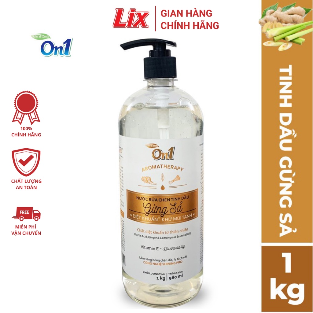 Nước rửa chén On1 tinh dầu hương gừng sả dung tích 1Kg - Sạch bóng vết dầu mỡ - Bảo vệ da tay N5503