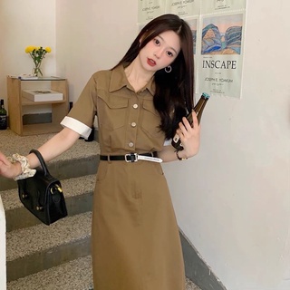 [233] Váy Sơmi Kaki Nâu Cổ Bẻ Tay Phối Trắng Kèm Đai Có Ảnh Thật