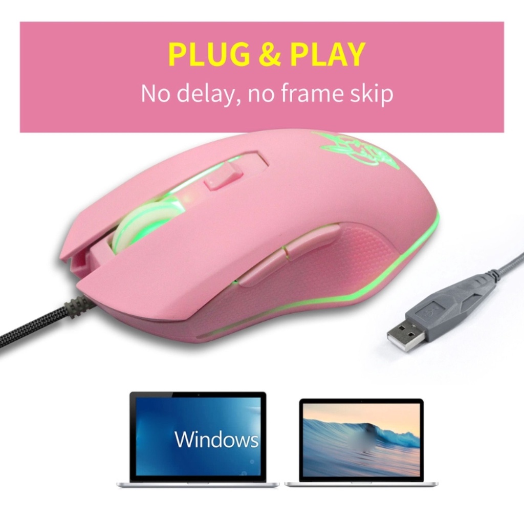 Chuột Chơi Game Chuột USB Hình Thỏ Màu Hồng Dễ Thương Phổ Biến Với Đèn Nền LED Chuột Chơi Game Có Dây 2400DPI Cho Máy Tí