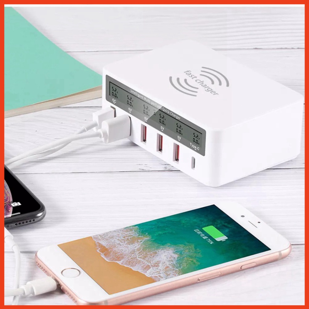 Bộ sạc nhanh 40W 818F, sạc không dây 10W, 6 cổng USB-A, QC3.0, Type-C