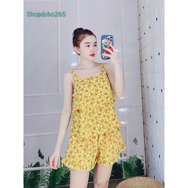 Bộ ngủ 2 dây,đồ bộ mặc nhà đùi tầng vải lụa BN 16 họa tiết hoa nhí siêu cưng size 45-57kg.