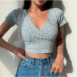 Áo Thun Ôm Cổ Chữ v In Họa Tiết Hoa Phong Cách Retro Thời Trang Mới Cho Nữ