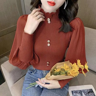 Áo Dệt Kim Nữ Tay Dài Cổ Cao Ôm Dáng Phong Cách Hàn Quốc baju baju wanita Lenan panjang