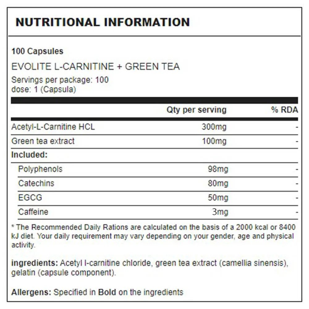 [Freeship] Viên uống giảm mỡ Evolite Acetyl L-Carnitine HCL+ Green Tea, Viên uống Carnitine và Trà Xanh