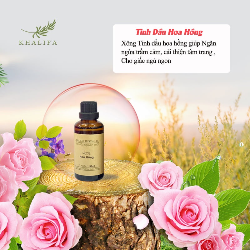 Tinh Dầu Hoa Hồng Nguyên Chất Khalifa 50ml Tốt Cho Da Giảm Stress Khử Mùi Chống Say Xe Hàng Chính Hãng